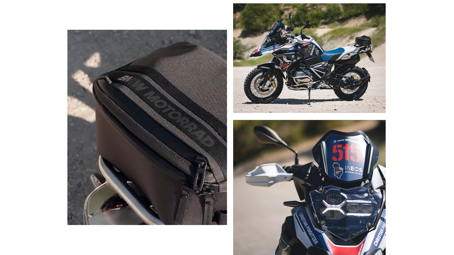 Vues détaillées de la moto : protection moteur, écran de protection avant et vue de profil de la moto