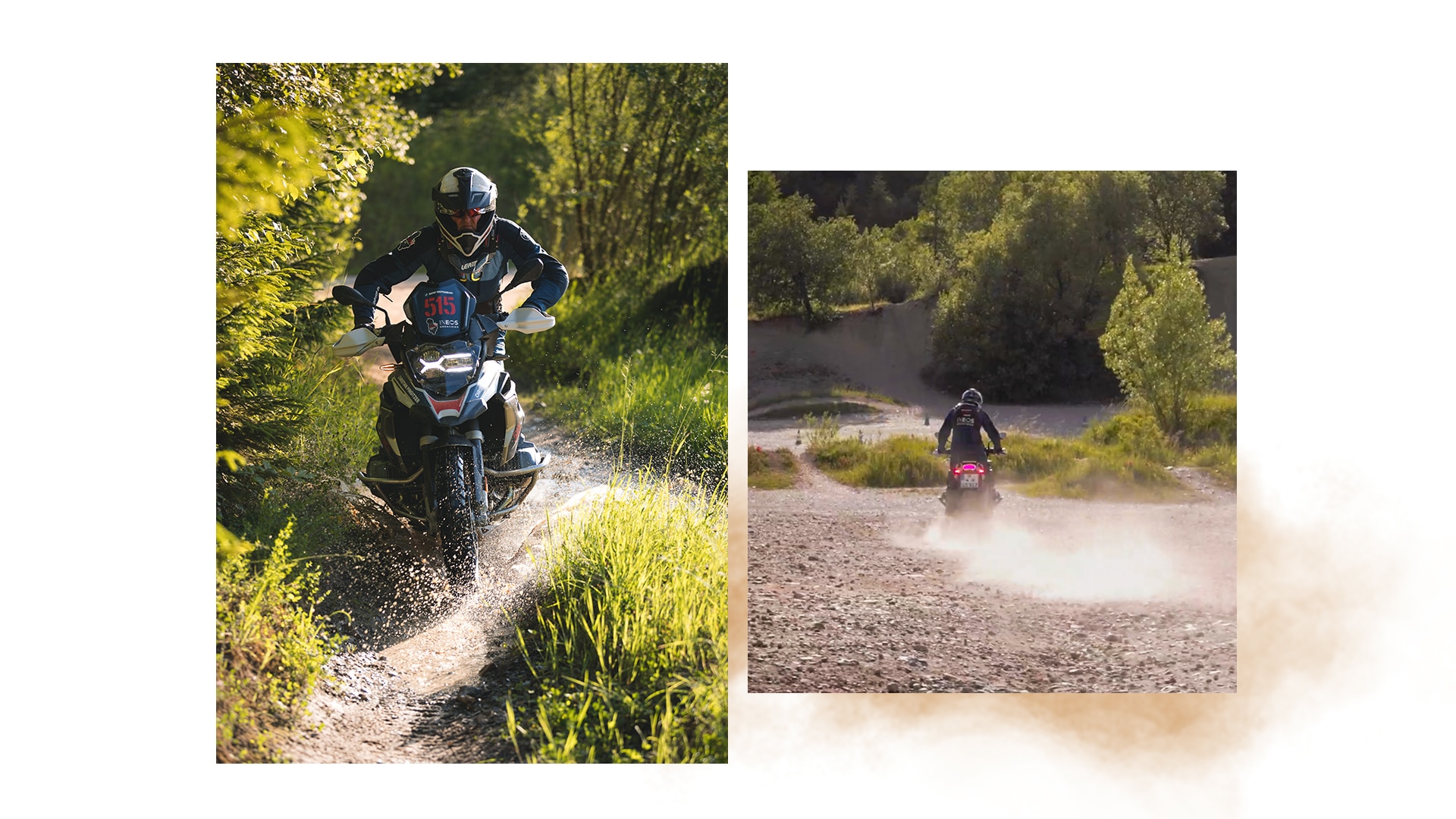 Moto lors d’un passage à gué ; gros plan du profil des pneus lors d’un passage dans de la boue