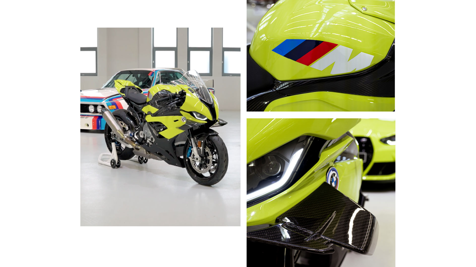 Vue de face de la M RR 50 Years M. Les ailettes sont facilement reconnaissables. Le logo BMW M avec ses trois couleurs emblématiques, le bleu, le bleu foncé et le rouge, inclinées de manière dynamique vers le M blanc