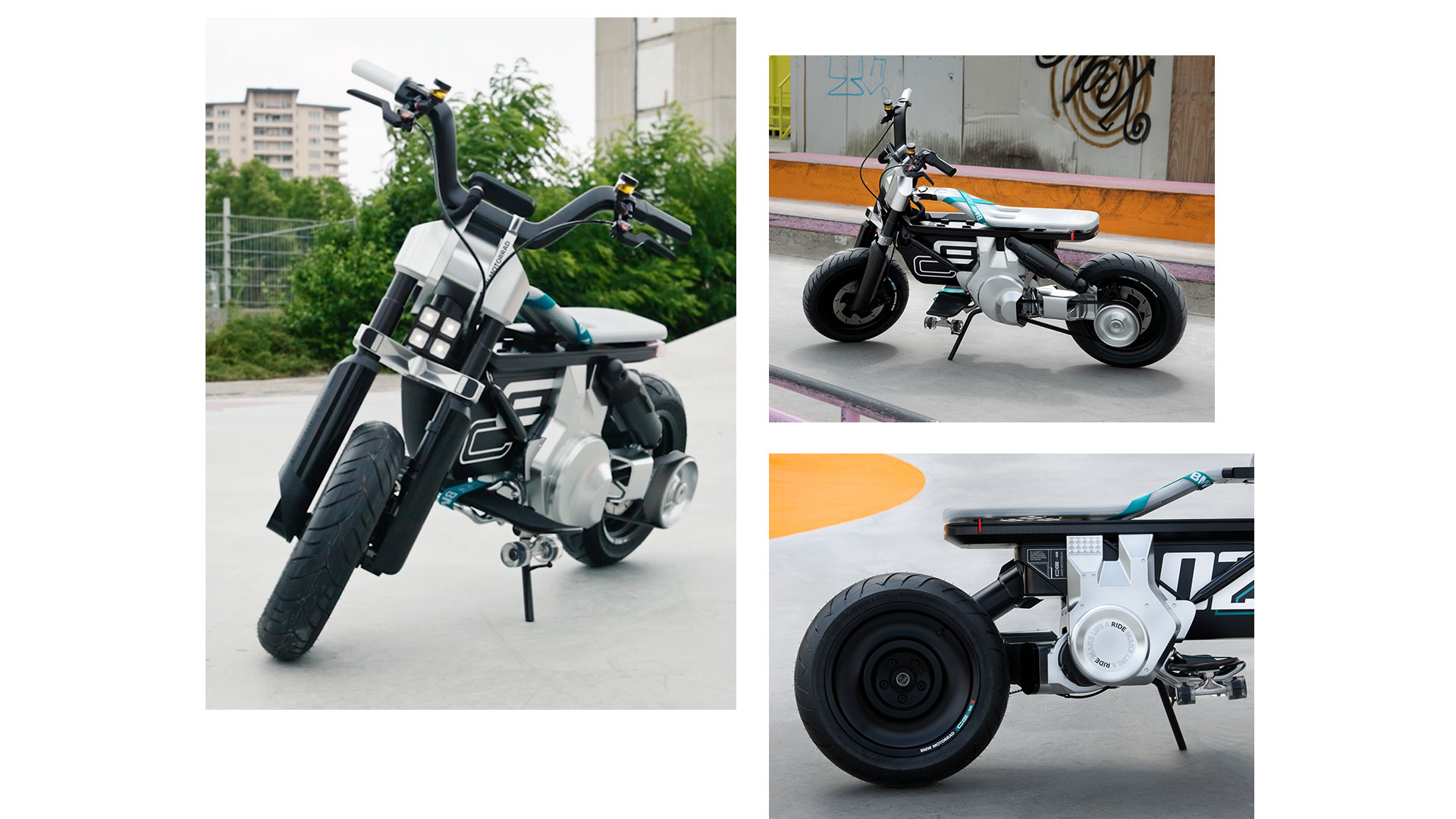 Collage de trois photos du Concept CE 02 sur un Skatepark. À gauche, focus sur les proportions du modèle, en haut à droite le modèle en vue latérale, en bas à droite focus sur la roue arrière et la selle.