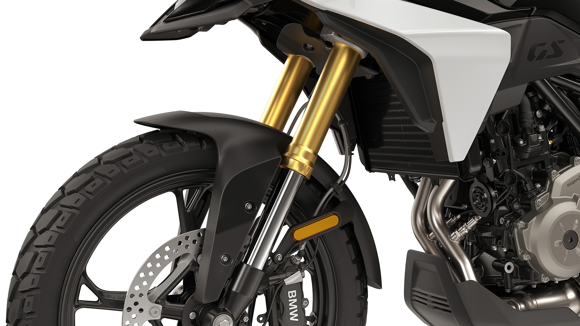 La fourche inversée 43 mm anodisée couleur or de la BMW F 450 GS