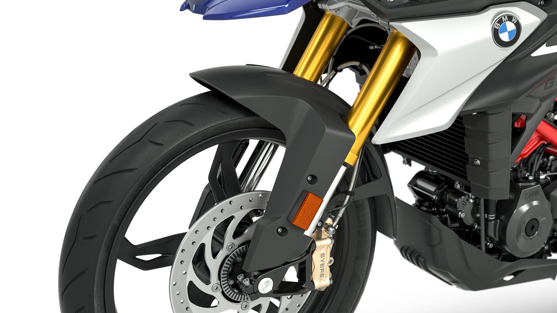 Nous voyons ici la fourche inversée anodisée couleur or de la G 310 GS.