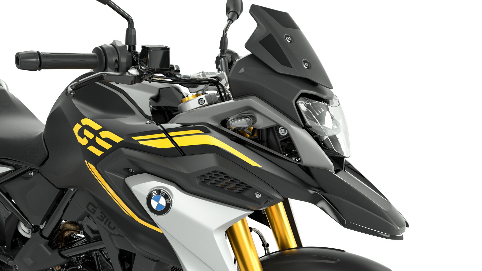 Vue de côté de l’avant de la G 310 GS avec en ligne de mire le pare-brise teinté en noir.