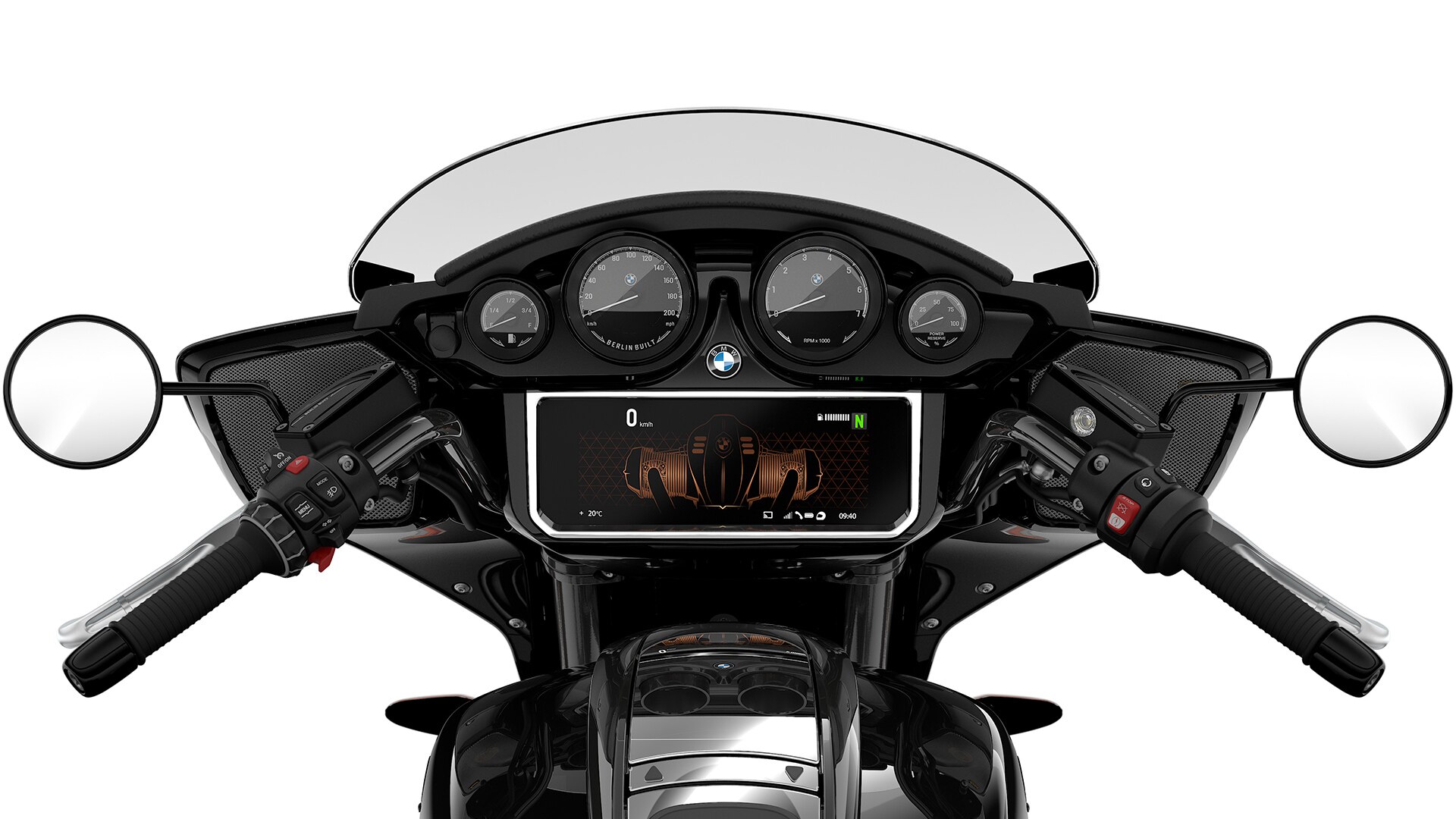 Le cockpit montre les cadrans analogiques et l'écran TFT.