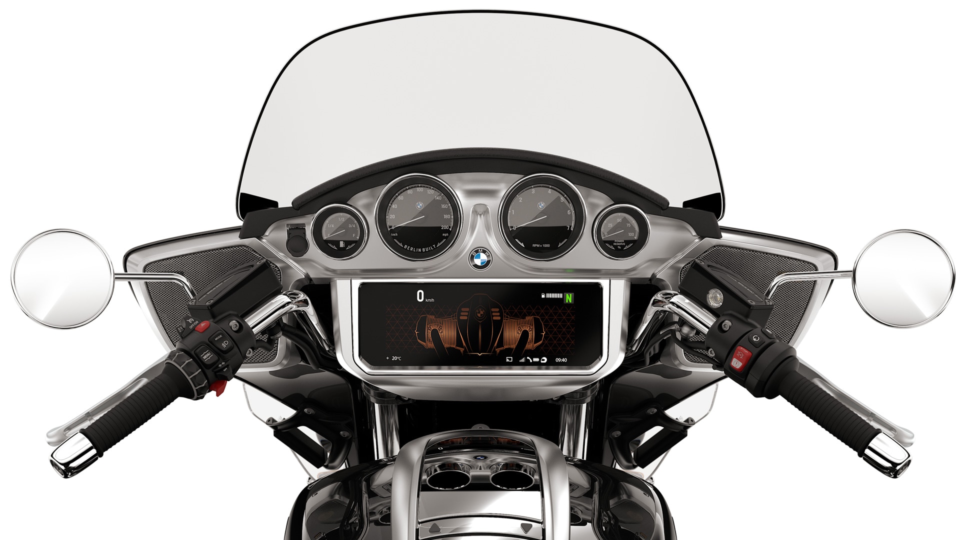 Le cockpit montre les cadrans analogiques et l'écran TFT.