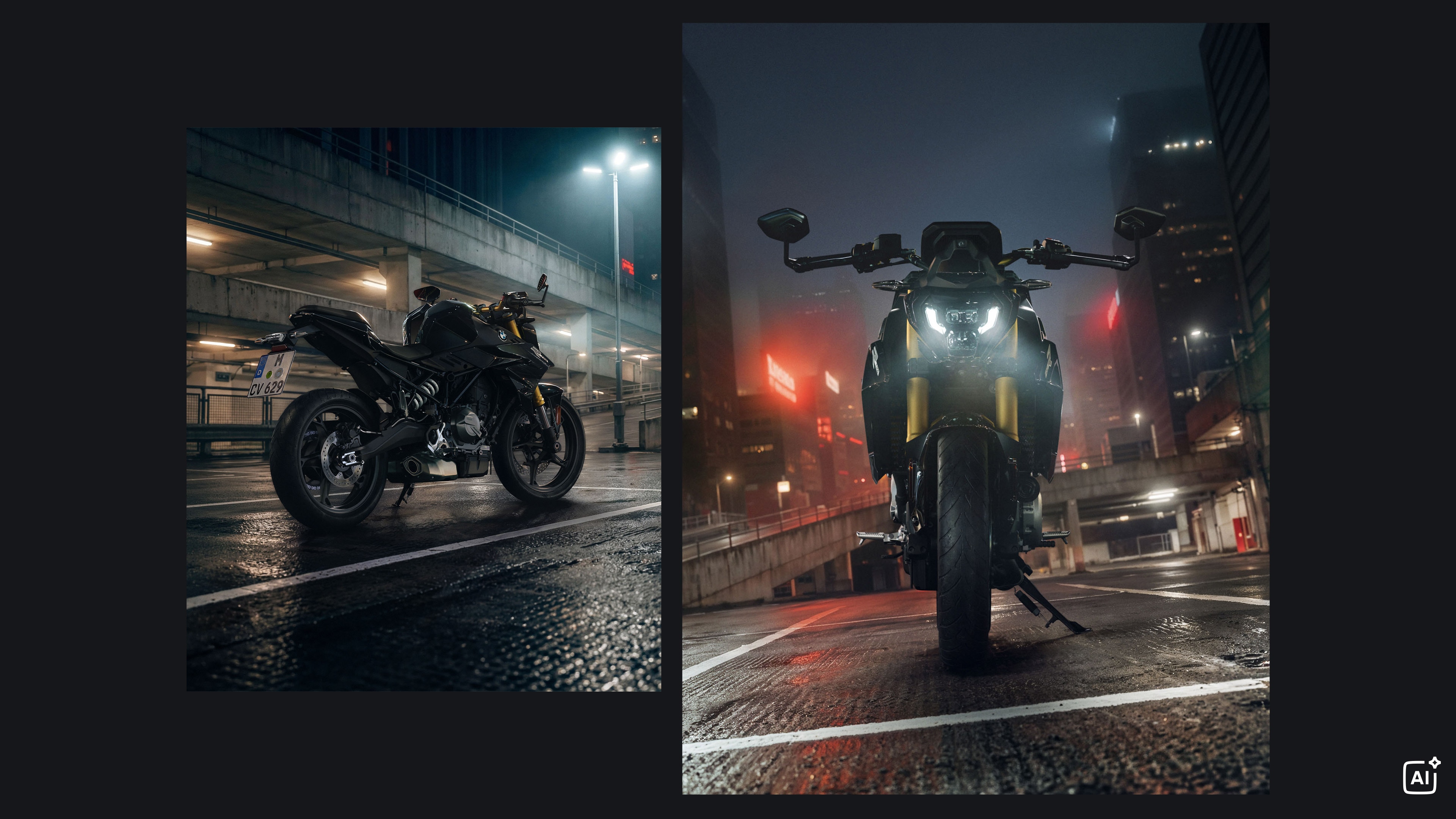 Collage avec des prises de vue de la BMW F 450 R sur le toit d’un parking à étages