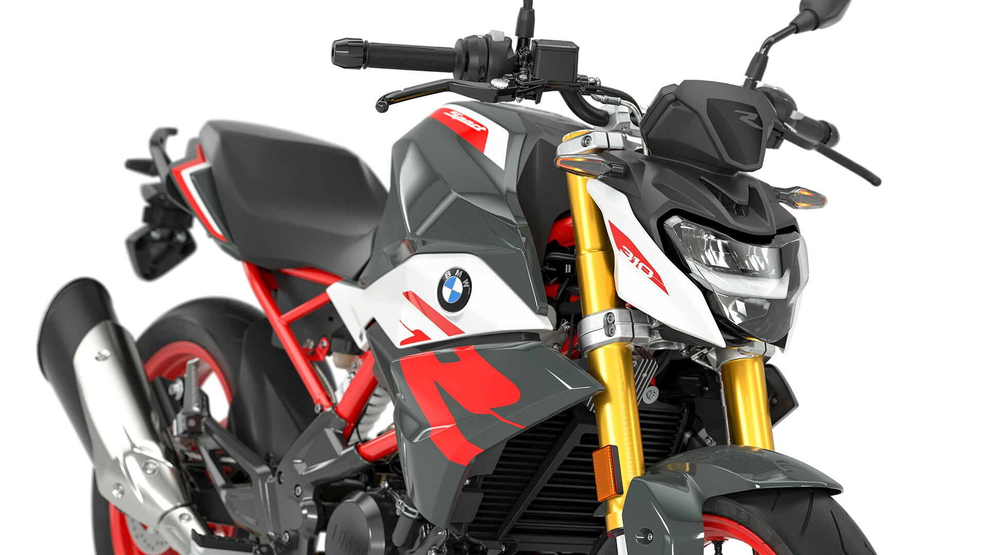 Nous voyons ici les phares et clignotants à LED de série de la moto roadster BMW G 310 R.