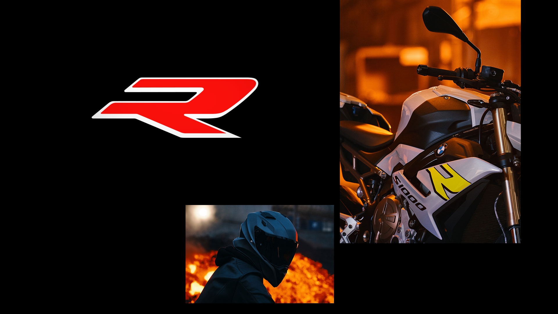 Un collage de la moto roadster BMW S 1000 R en Hockenheim silver avec trois photos montrant une vue de côté de la moto, une vue de la garniture latérale et du conducteur.
