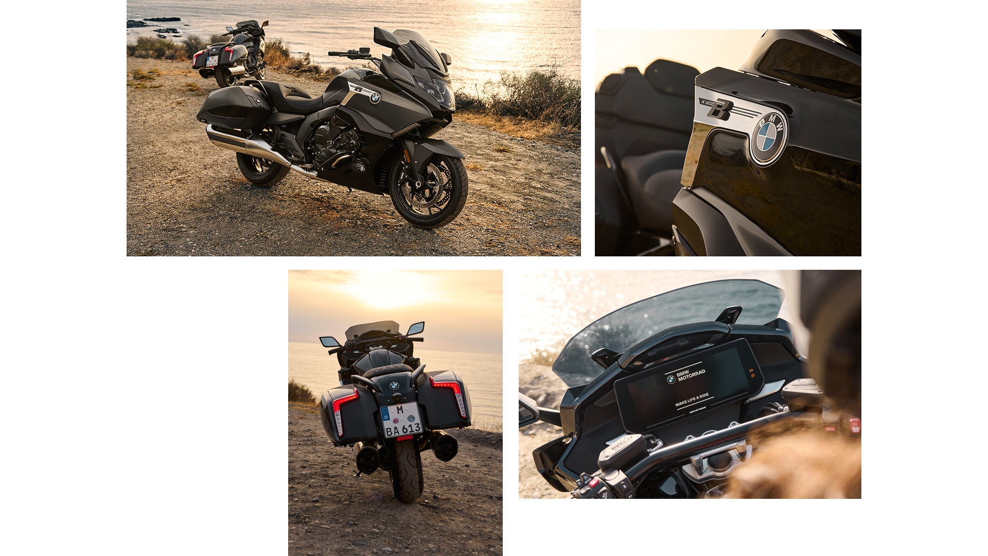 Collage de quatre images. En haut à gauche la K 1600 B en vue latérale, en bas à gauche en vue arrière. En haut à droite, gros plan sur l’inscription Bagger, en bas à droite, gros plans sur le cockpit.