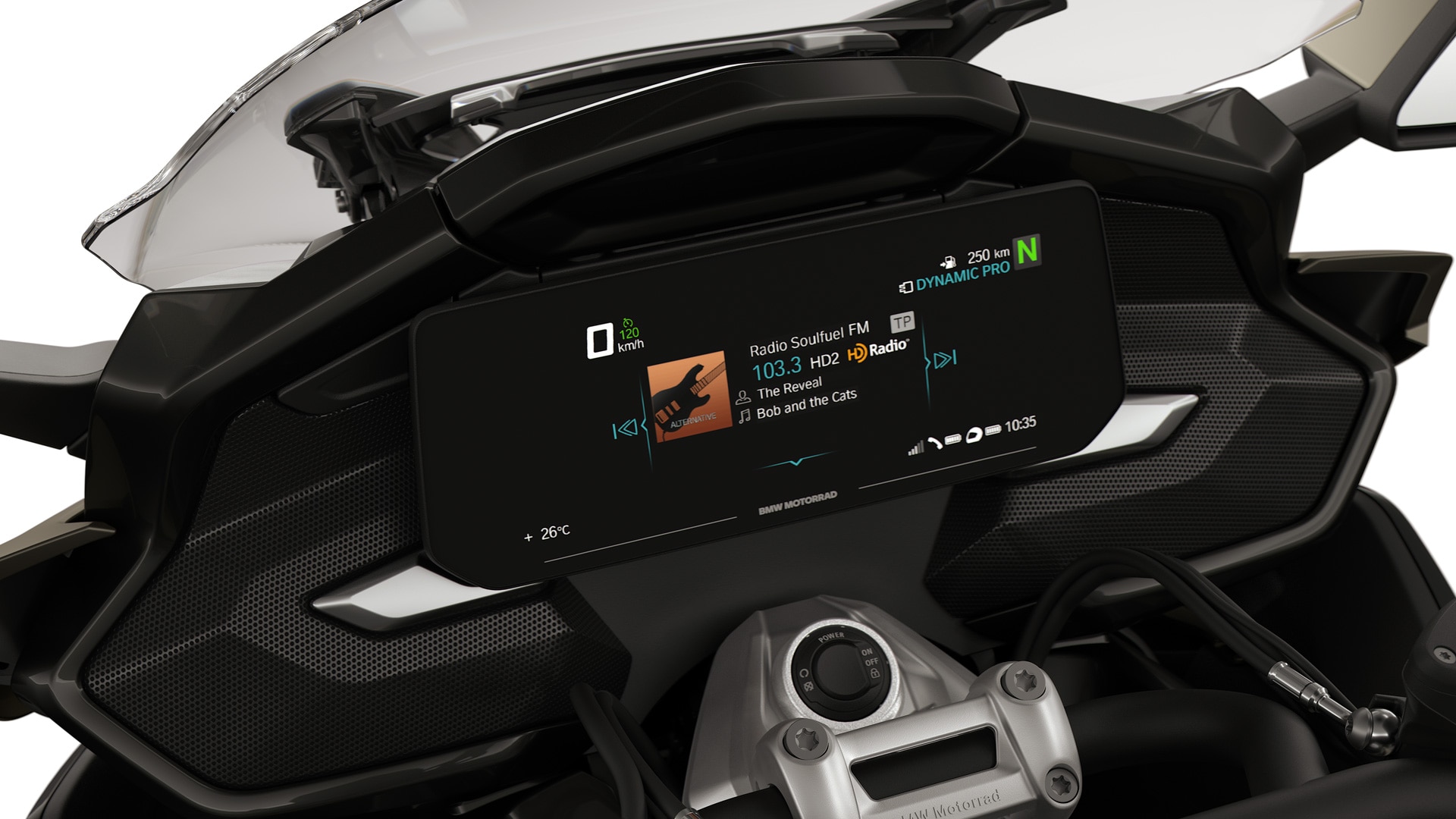 L’écran TFT et les compartiments de la BMW K 1600 B mis en lumière.