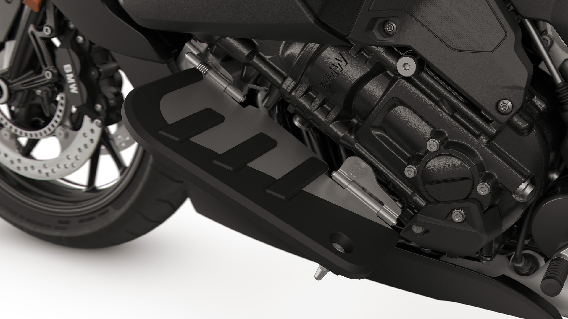 Marchepieds de la BMW K 1600 B mis en lumière.
