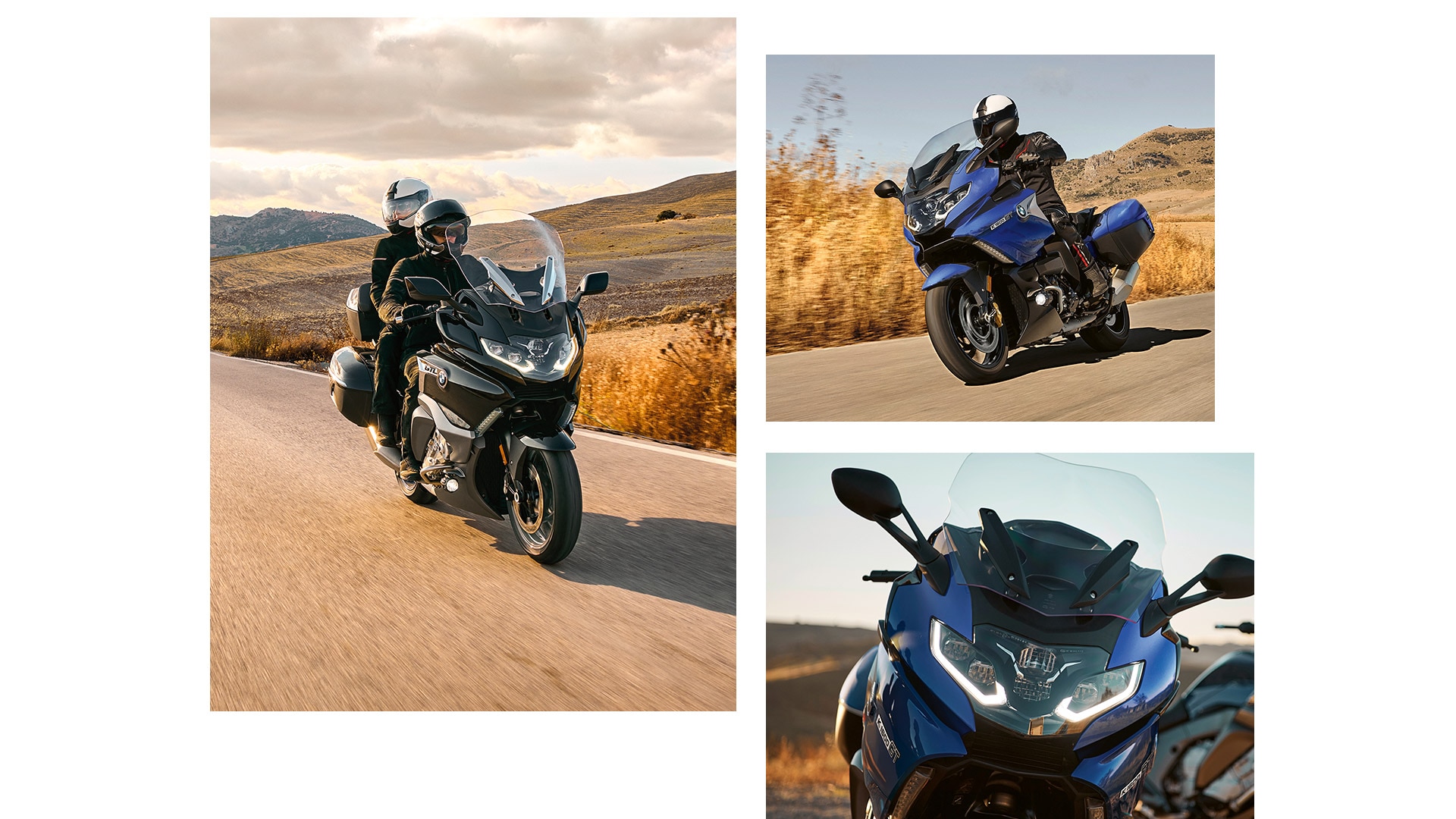 Collage de trois photos de la K 1600 GT Style Sport. À gauche, une prise de vue sur la route, en haut à droite, un virage dynamique, en bas à droite, l’accent est mis sur l’avant avec projecteurs LED.