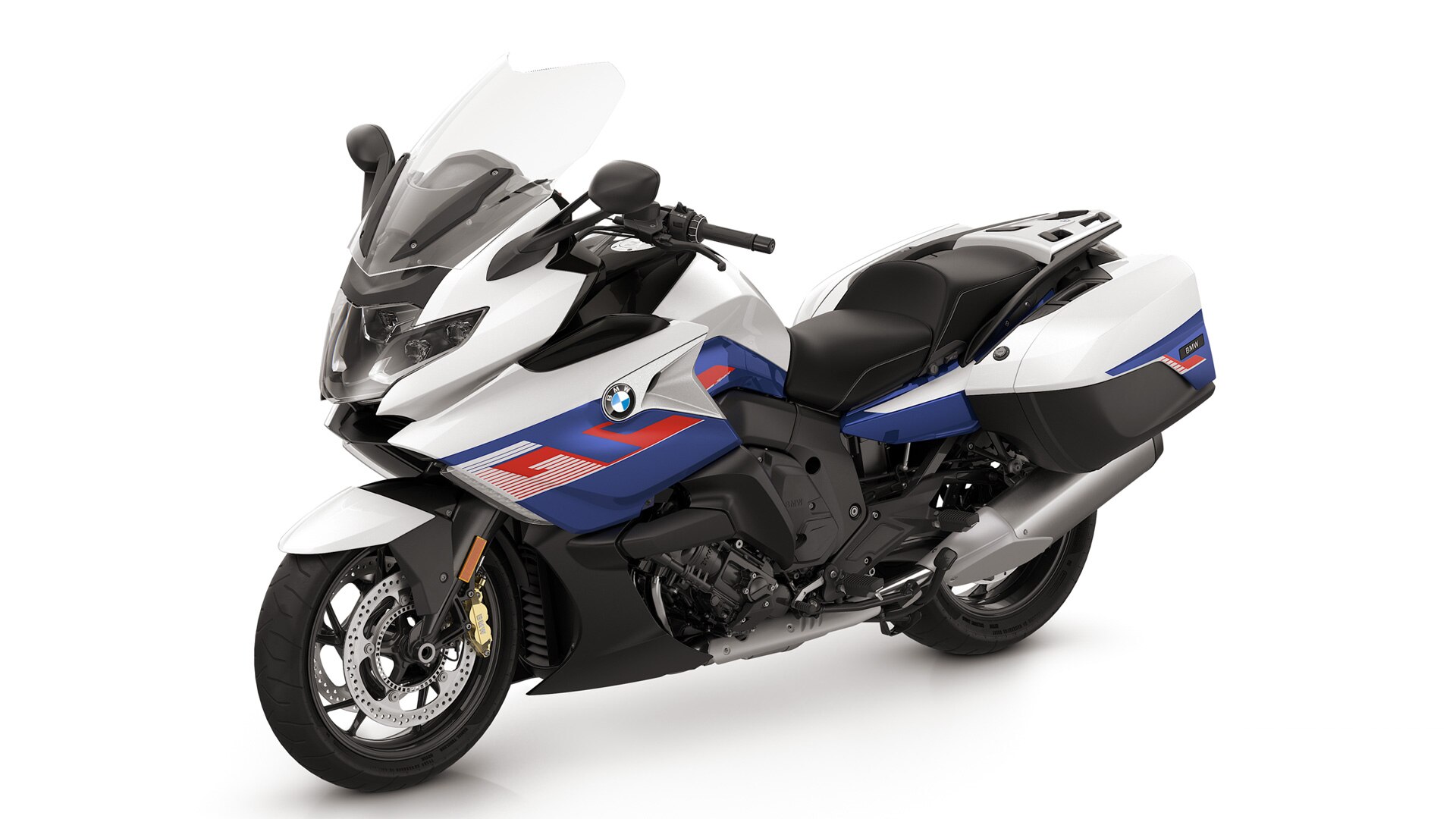 La K 1600 GT en Light white uni / Racing blue metallic / Racing red uni.