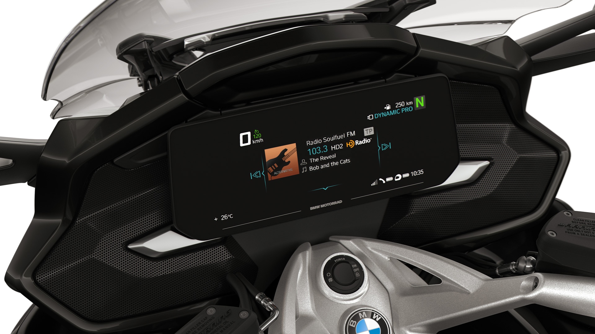 L’écran TFT et les compartiments de la BMW K 1600 GT mis en lumière.
