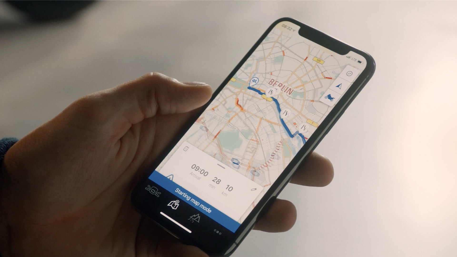 Navigation par carte dans l’application BMW Motorrad Connected.