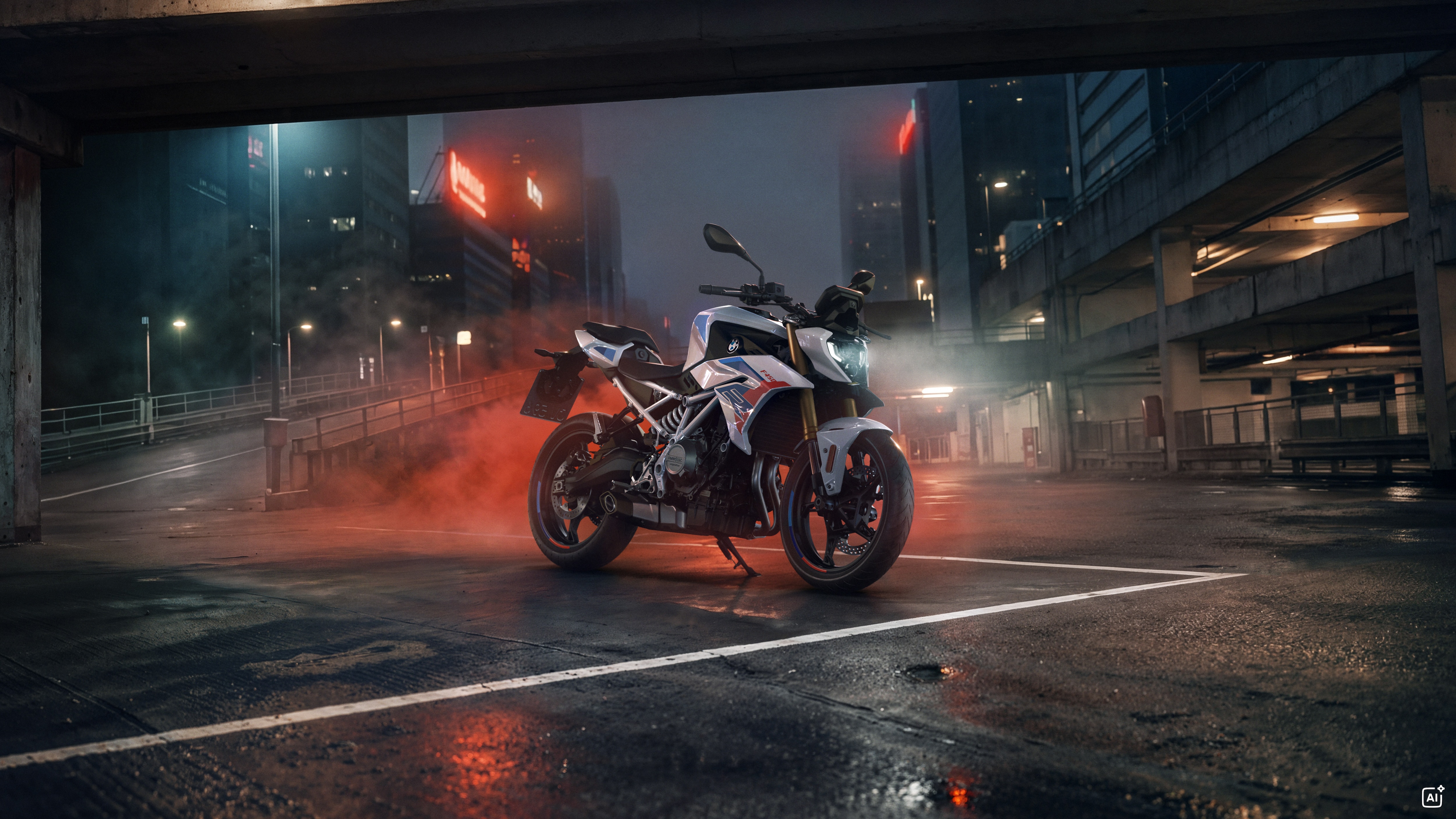 La BMW F 450 R sur le toit d’un parking à étages