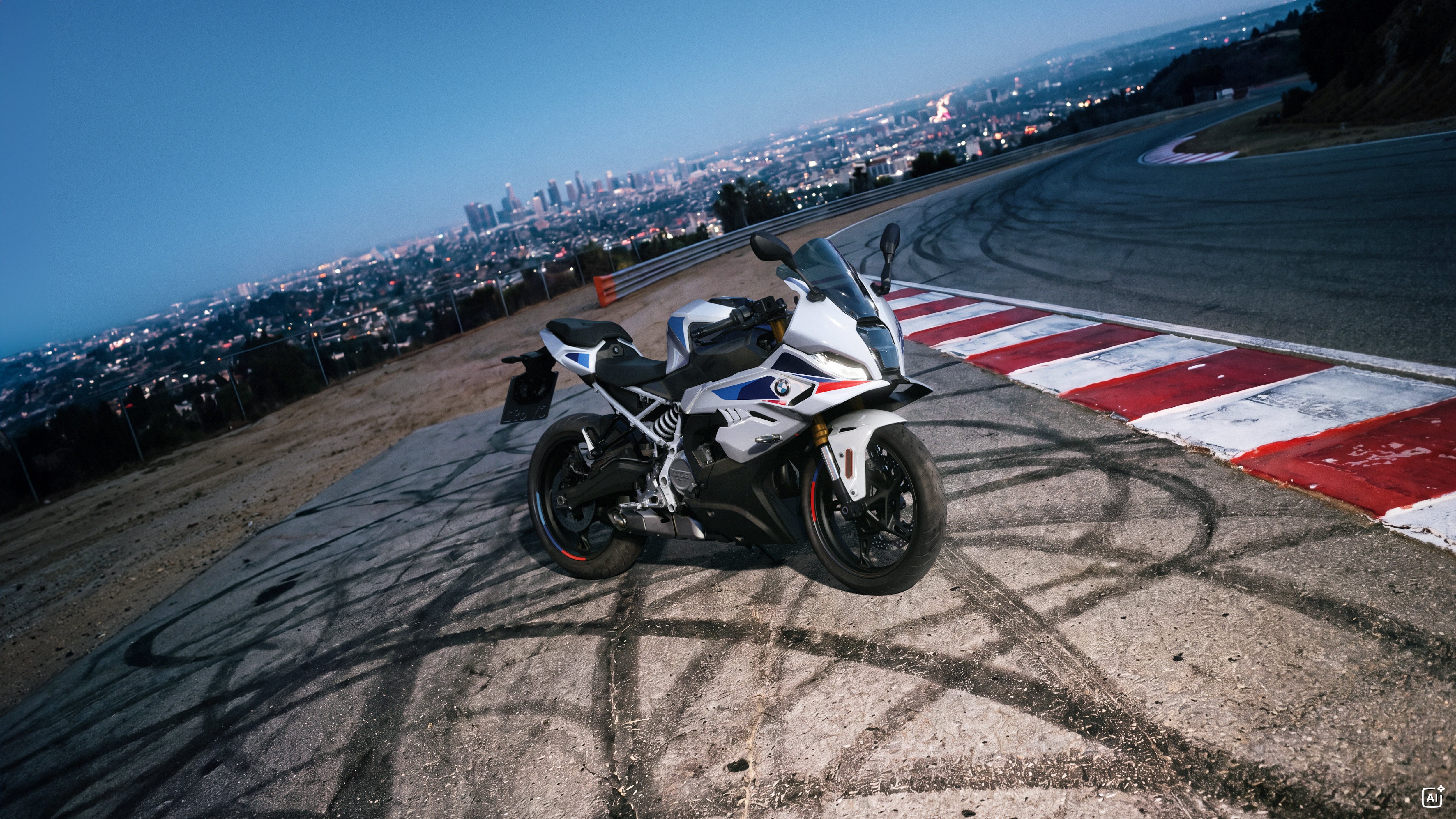 The BMW F 450 RR next to a racetrack with a skyline in the background - Généré par intelligence artificielle.